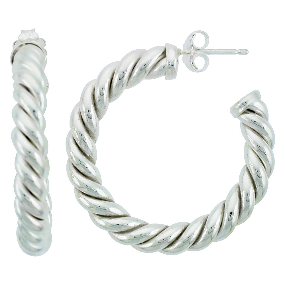 1 3/8 inch (35mm) Sterling Silver Twisted Tube Post Hoop Earrings for Women 5mm thick