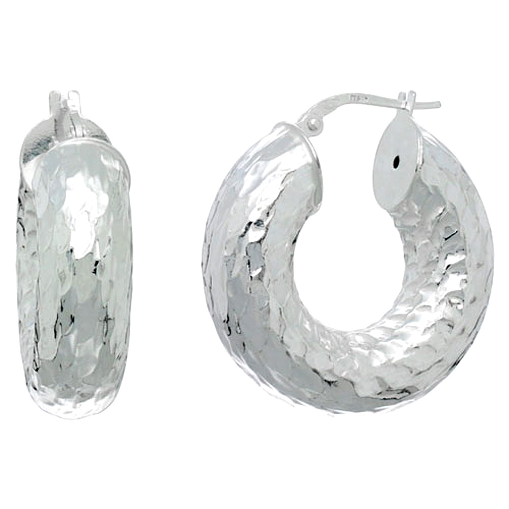 Sterling Silver Hoop Earrings Hammered finish Very Fat, 1 inch diameter
