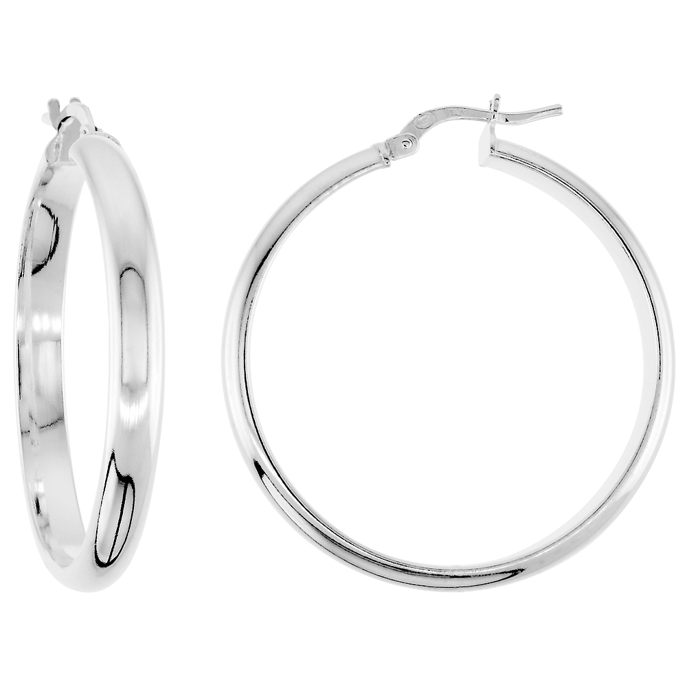 Sterling Silver Pirate Hoop Earrings Half Round Post Snap Closure High Polish Large, 1 3/8 inch