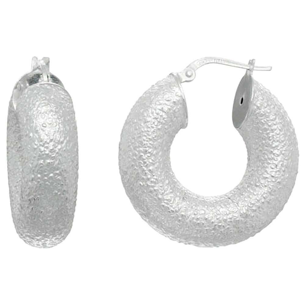 Sterling Silver Hoop Earrings Textured finish Very Fat, 1 inch diameter