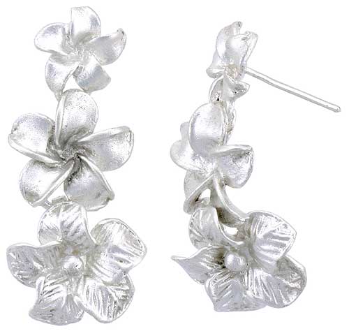 Sterling Silver Hawaiian Graduated Floral Post Dangle Earrings, 1 1/4 inch long