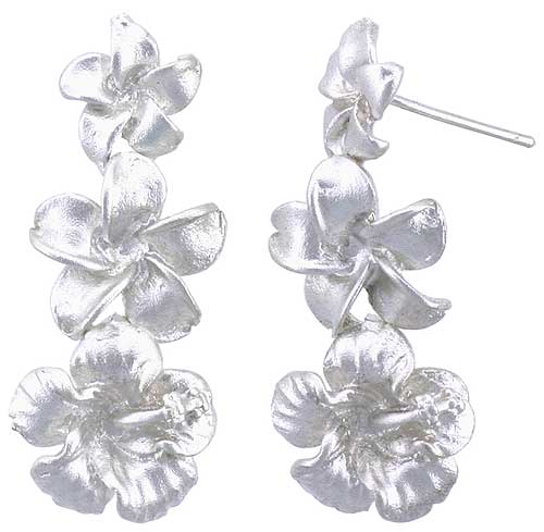 Sterling Silver Hawaiian Graduated Plumeria and Hibiscus Post Dangle Earrings, 1 1/4 inch long