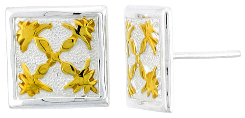 Sterling Silver 2-Tone Hawaiian Floral Square Earrings, 1/2 inch wide