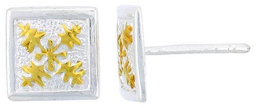 Sterling Silver 2-Tone Hawaiian Floral Square Earrings, 3/8 inch wide