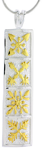 Sterling Silver 2-Tone Hawaiian Floral Rectangular Pendant, 1 7/8 inch long