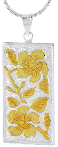 Sterling Silver 2-Tone Hawaiian Floral Rectangular Pendant, 1 1/4 inch long