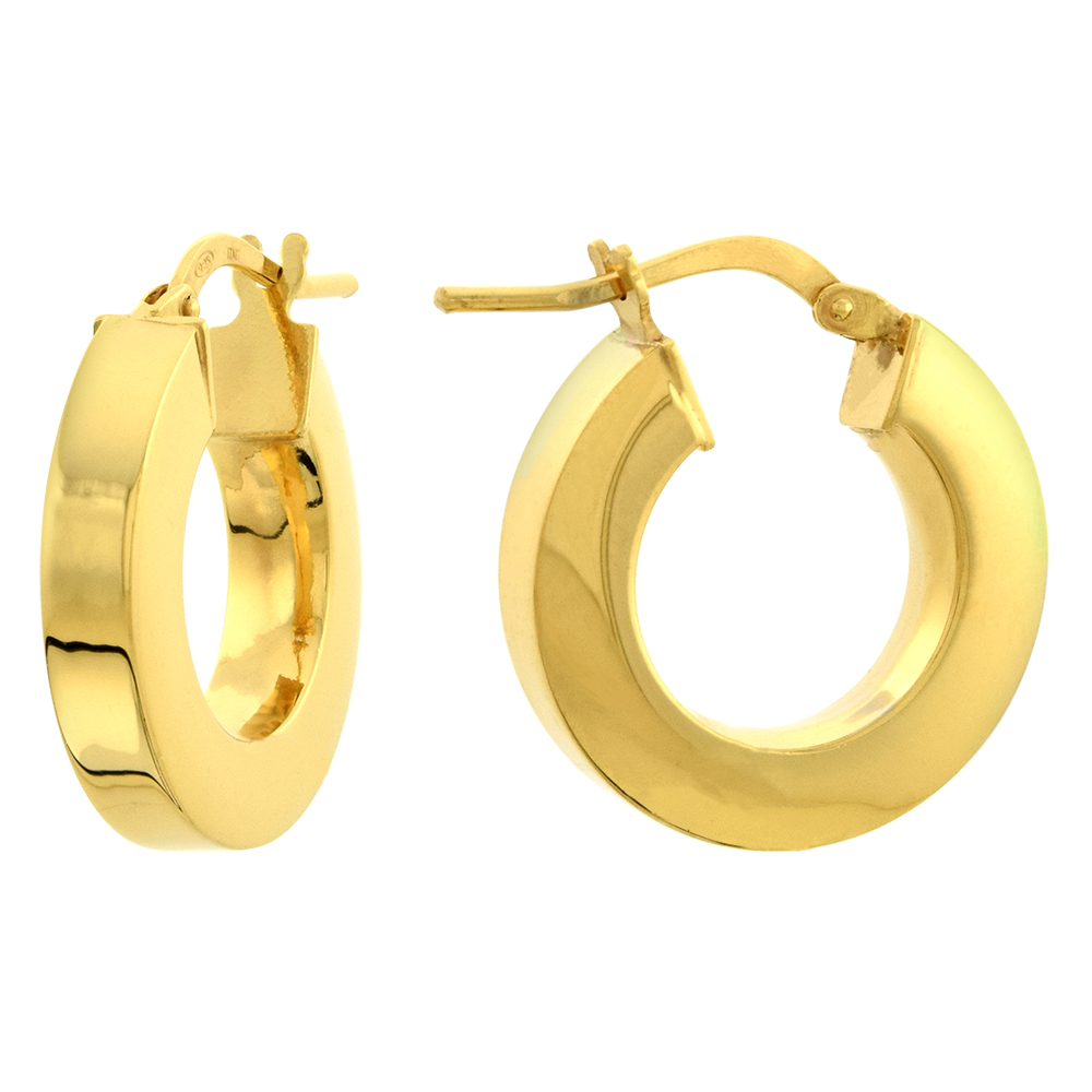 3/4 INCH GOLD PLATED STERLING SILVER SQUARE TUBE 4MM THICK HOOP EARRINGS FOR WOMEN 20MM ROUND CLICK TOP ITALY