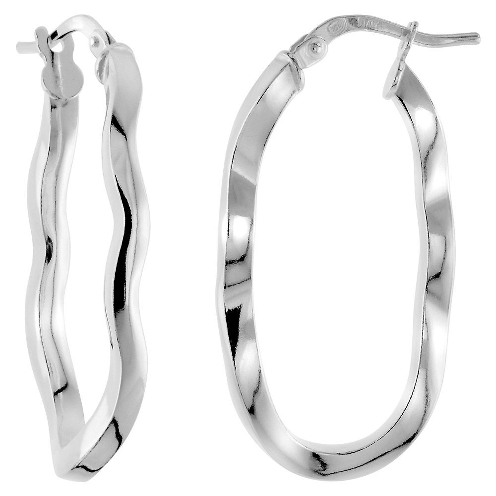 Sterling Silver Oval Hoop Earrings Wavy Square Tube Post Snap Closure Polished Italy Medium, 1 3/16 inch