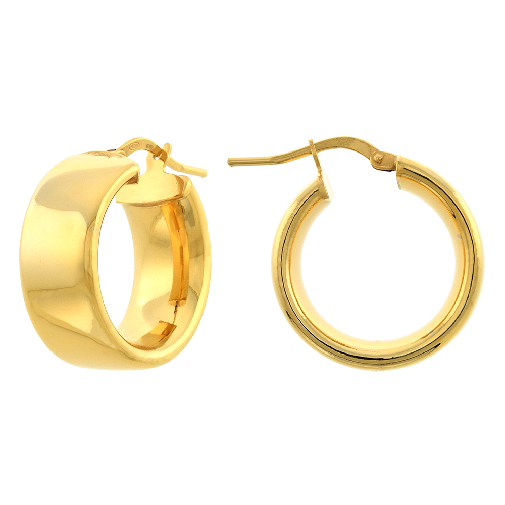 3/4 inch Gold Plated Sterling Silver Flat 9mm Wide Hoop Earrings for Women Click Top 20mm Round Italy