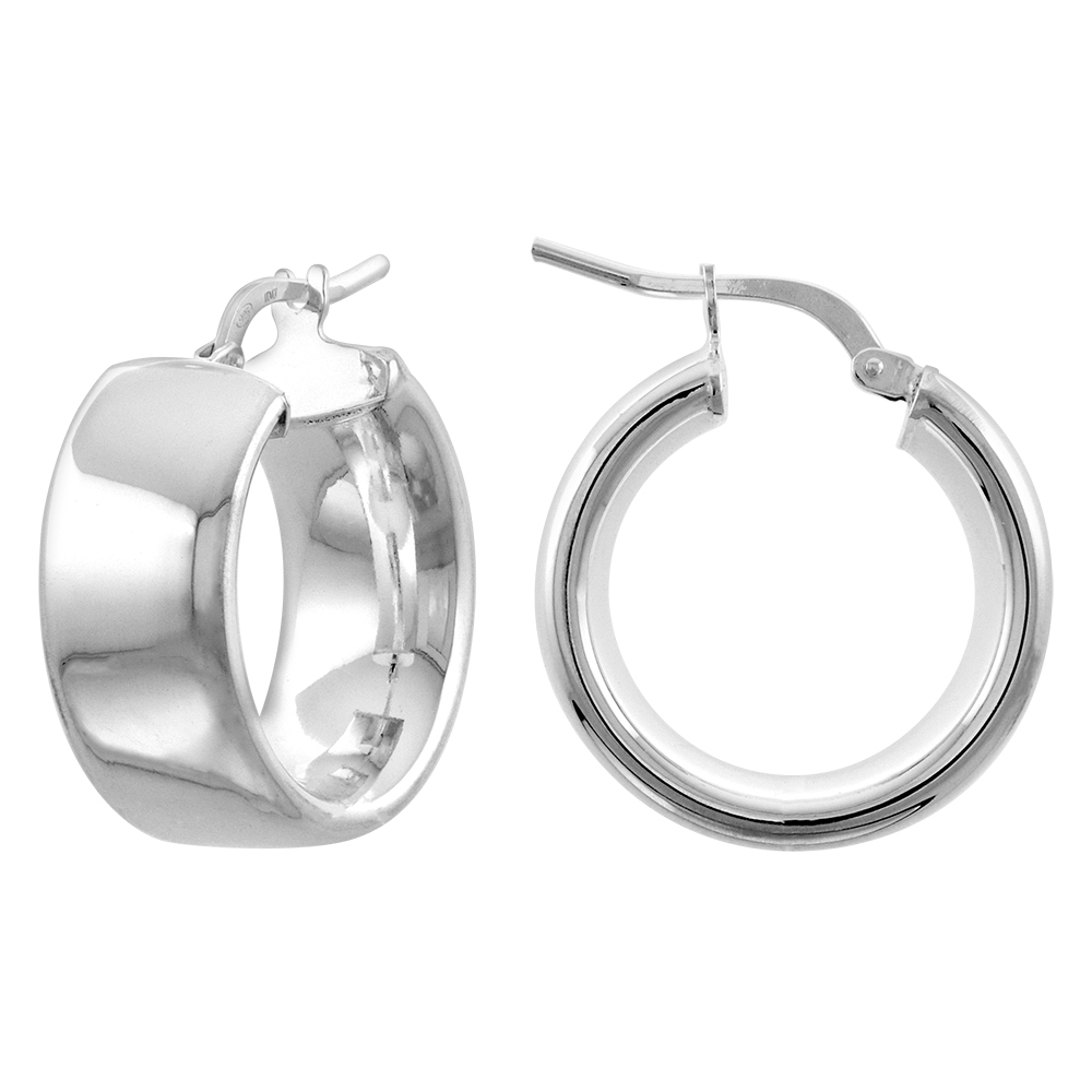 3/4 inch Sterling Silver Flat 9mm Wide Hoop Earrings for Women Click Top 20mm Round Italy