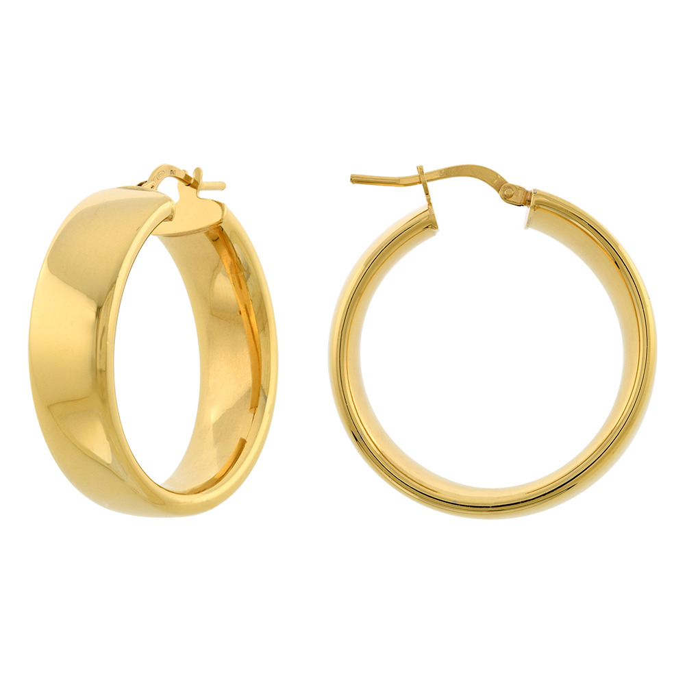 1 1/4 inch Gold Plated Sterling Silver Flat 9mm Wide Hoop Earrings for Women Click Top 30mm Round Italy