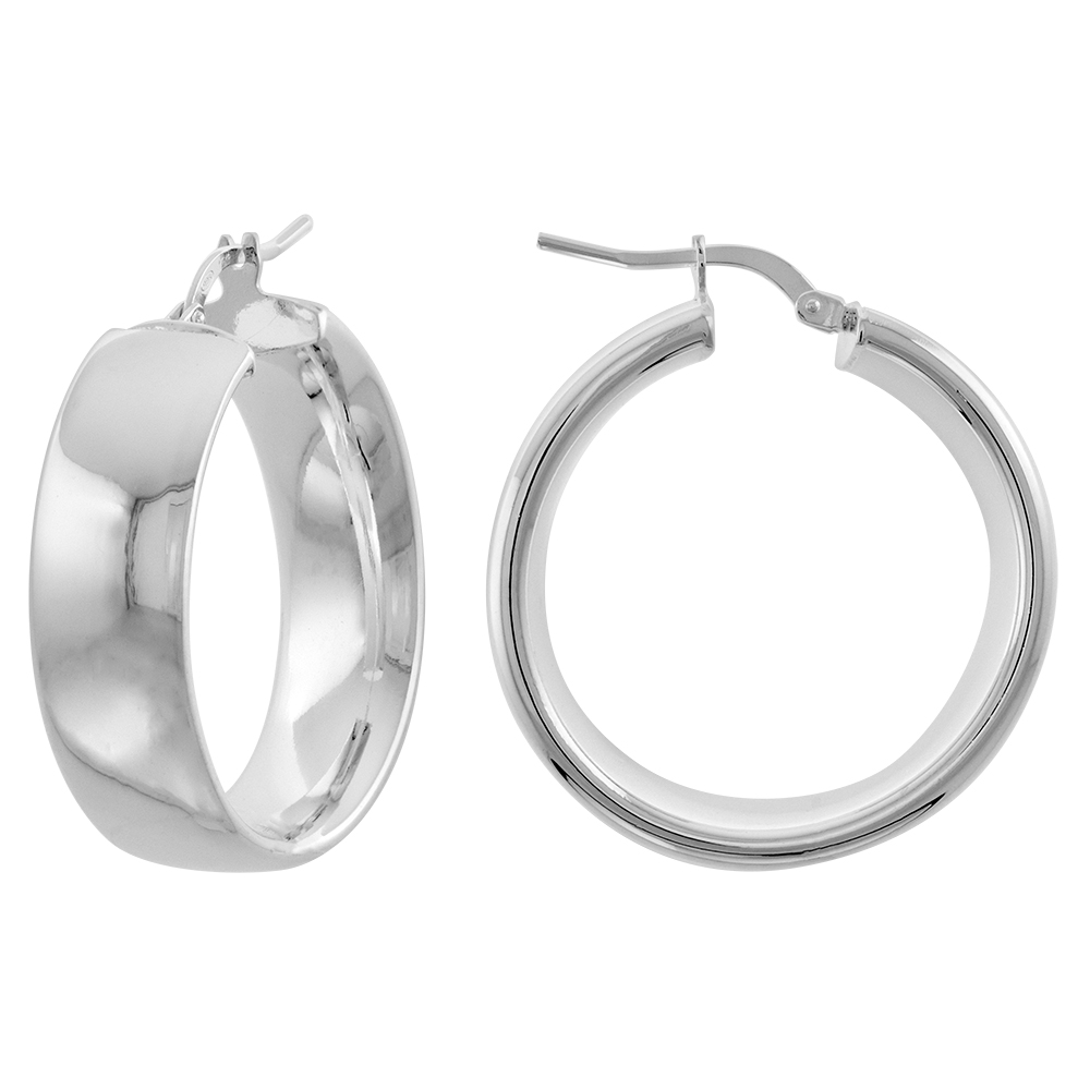 1 1/4 inch Sterling Silver Flat 9mm Wide Hoop Earrings for Women Click Top 30mm Round Italy