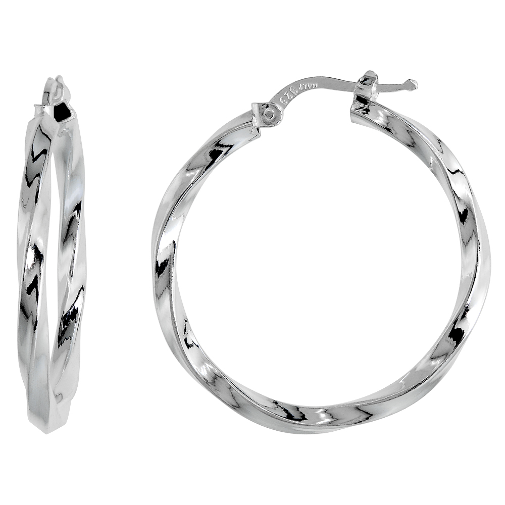 1 1/4 inch Sterling Silver Twisted Square Tube 30mm Hoop Earrings for Women 1/8 inch (3mm) thick Italy