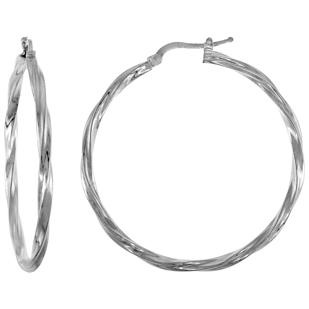 1 3/4 inch Sterling Silver Twisted Square Tube 45mm Hoop Earrings for Women 1/8 inch (3mm) thick Italy
