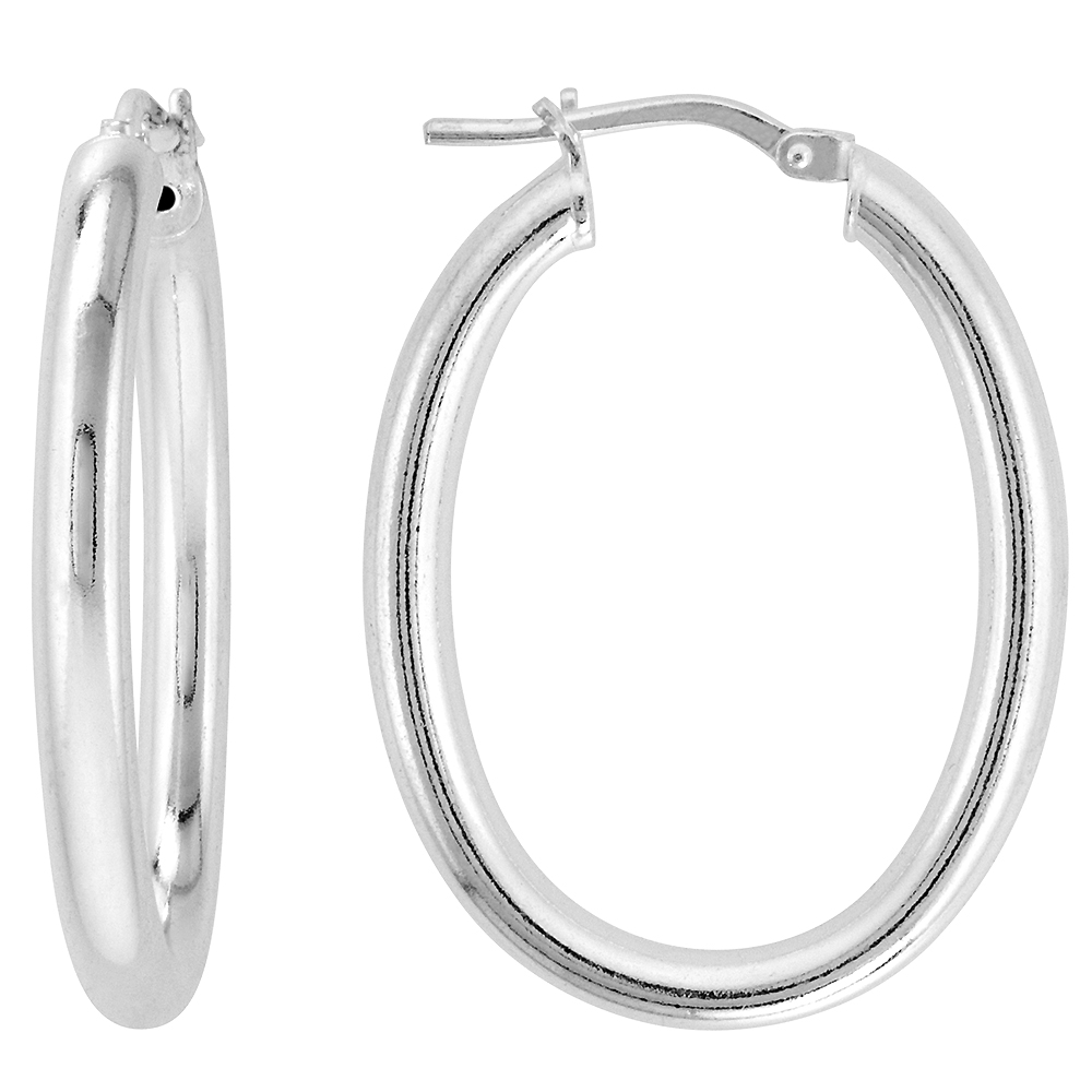 Sterling Silver Italian Hoop Earrings 3mm thin Oval-Shaped