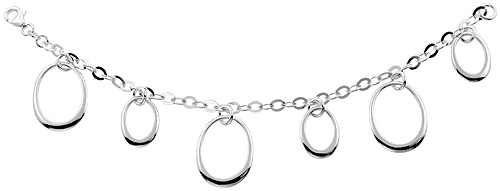 Sterling Silver Dangle Oval Cut Outs Rolo Link Charm Bracelet, 3/4 inch wide 