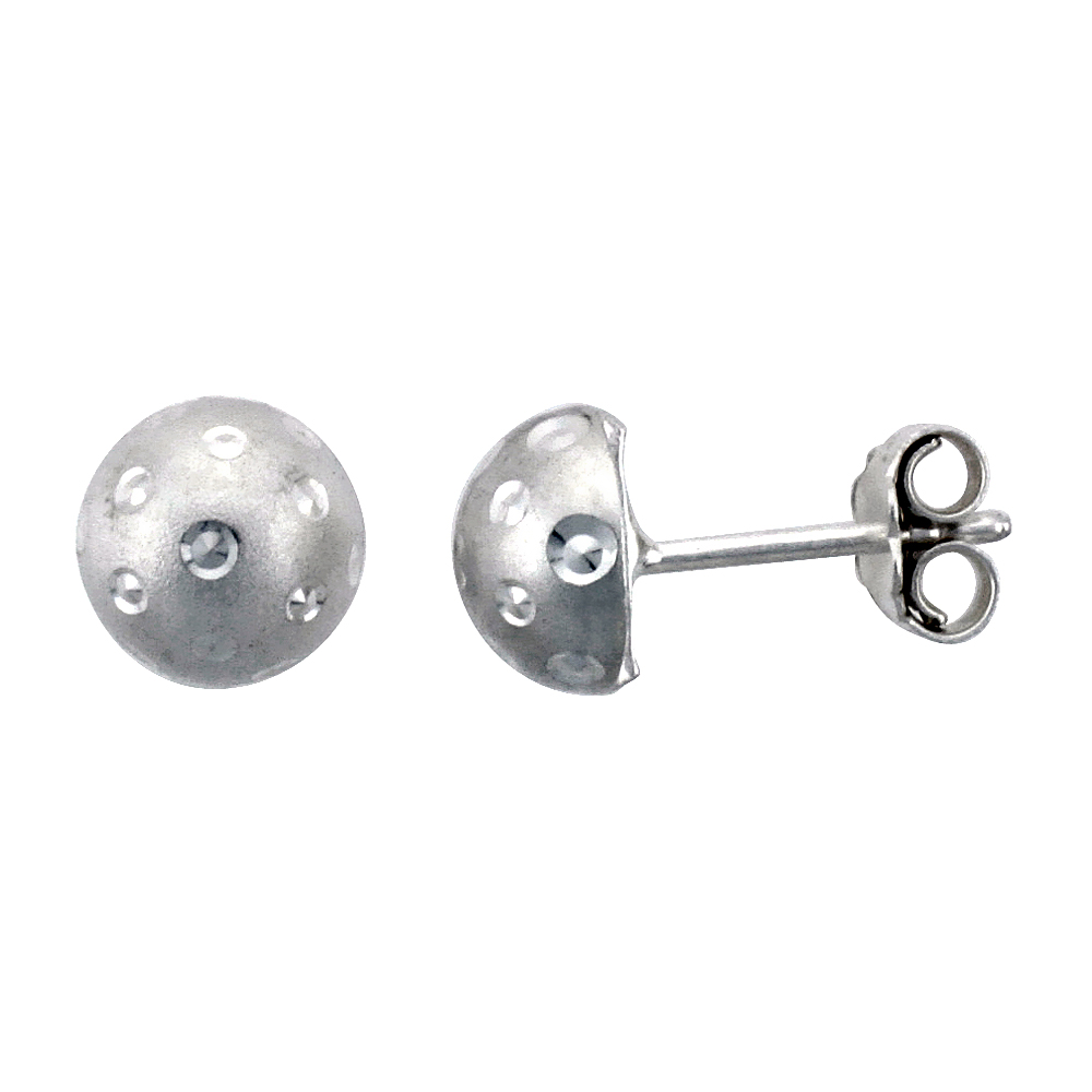 STERLING SILVER HALF BALL 5/16" (8.0 MM) BALL STUD EARRINGS W/ DIAMOND CUT DOTTED DESIGN