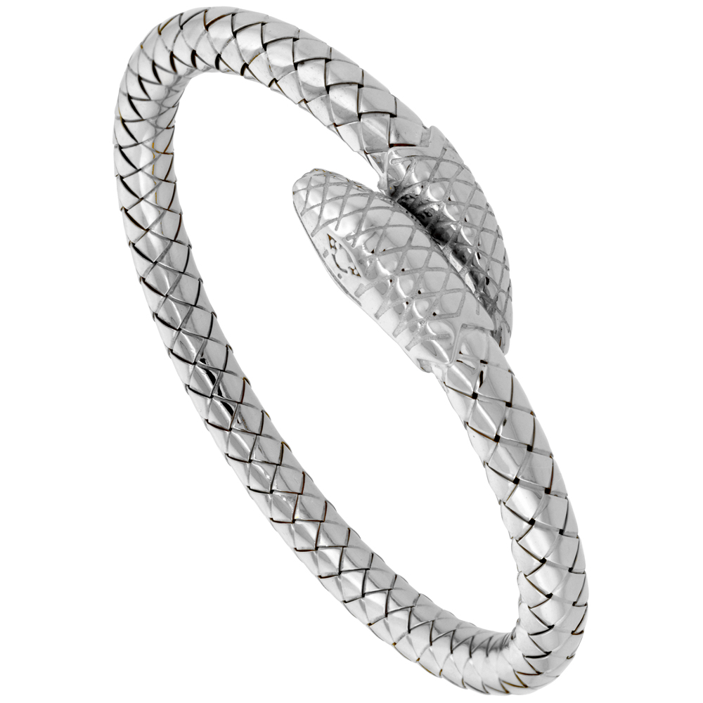 Sterling Silver Bypass Snake Bangle Bracelet Braided Basketweave Tubing Rhodium Finish, fits 7 inch