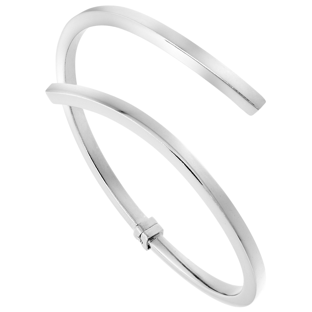 Sterling Silver Bypass Bangle Bracelet Hinged Contemporary Square Tubing Rhodium Finish, fits 7 inch