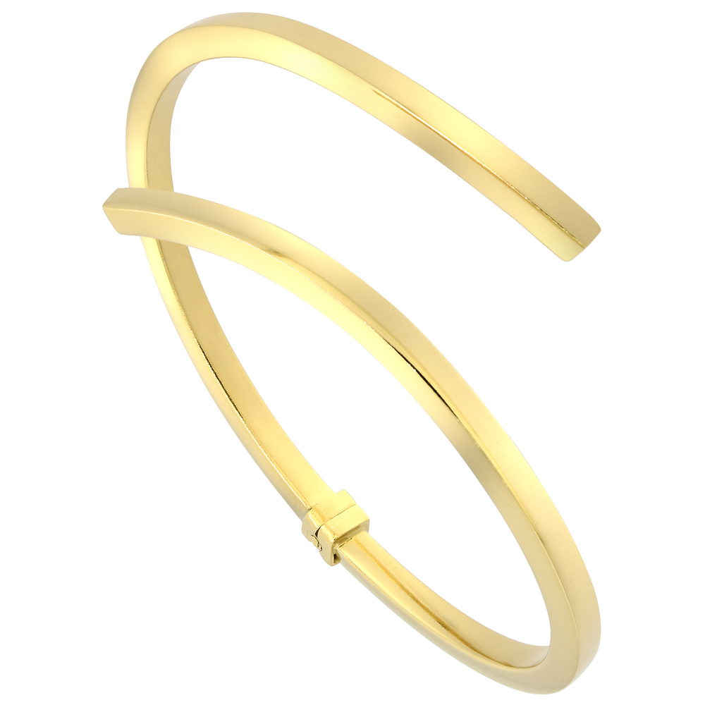 Sterling Silver Bypass Bangle Bracelet Hinged Contemporary Square Tubing Gold Finish, fits 7 inch