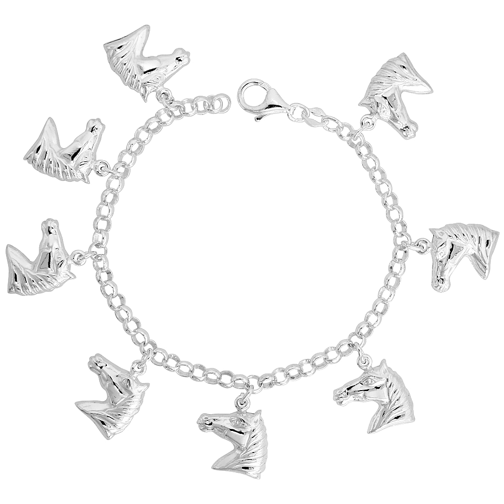 Sterling Silver Horse Head Charm Bracelet 21/32 inch wide, 7.5 inches long
