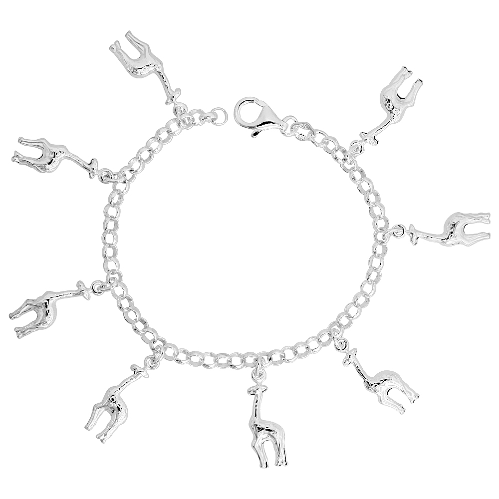 Sterling Silver Baby Giraffe Charm Bracelet 11/16 inch wide, 7.5 inch