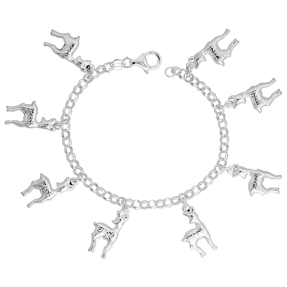 Sterling Silver Deer Charm Bracelet 3/4 inch wide, 7.5 inch