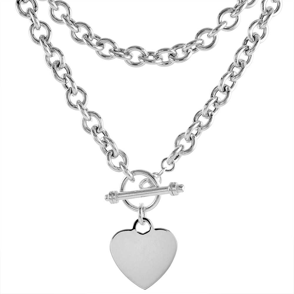 Large Hollow 7.5mm Oval Link Sterling Silver Heart Tag Bracelets & Necklaces for Women Toggle Clasp Lightweight Italy sizes 7.5-17 inch