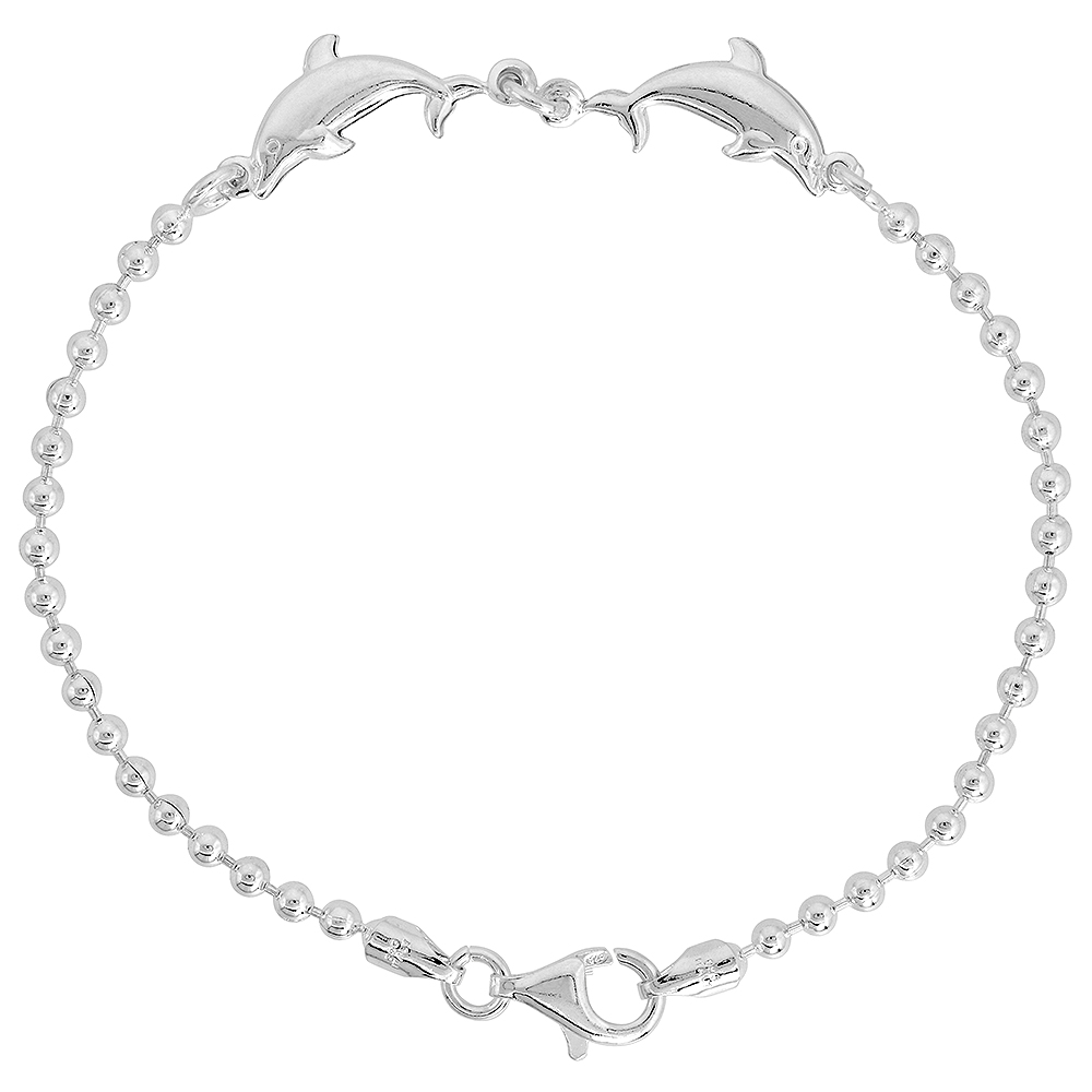 Sterling Silver Puffy Double Dolphin Bracelet for Women & Girls Double D 7.5 inch long
