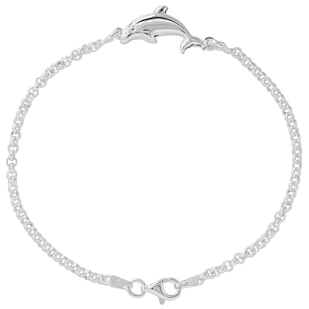 Sterling Silver Puffy Dolphin Bracelet for Women &amp; Girls Rolo Chain 7.5 inch long