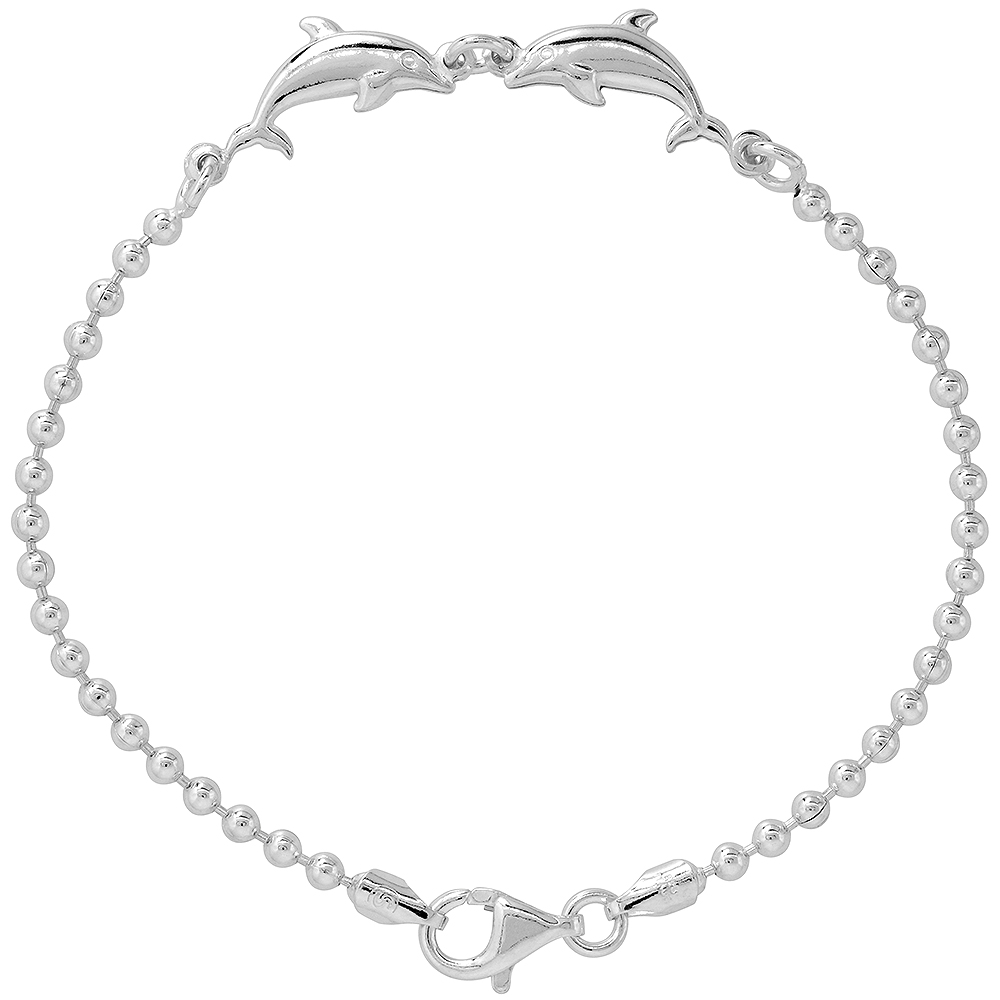 Sterling Silver Puffy 2-Dolphins Bracelet for Women & Girls 7.5 inch long