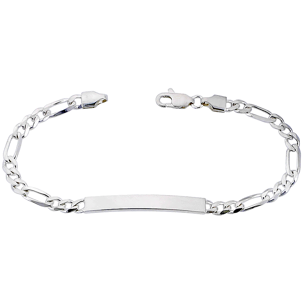 Sterling Silver ID Bracelet Figaro Link Small 3/16 inch Nickel Free Italy, sizes 7 - 8 inch