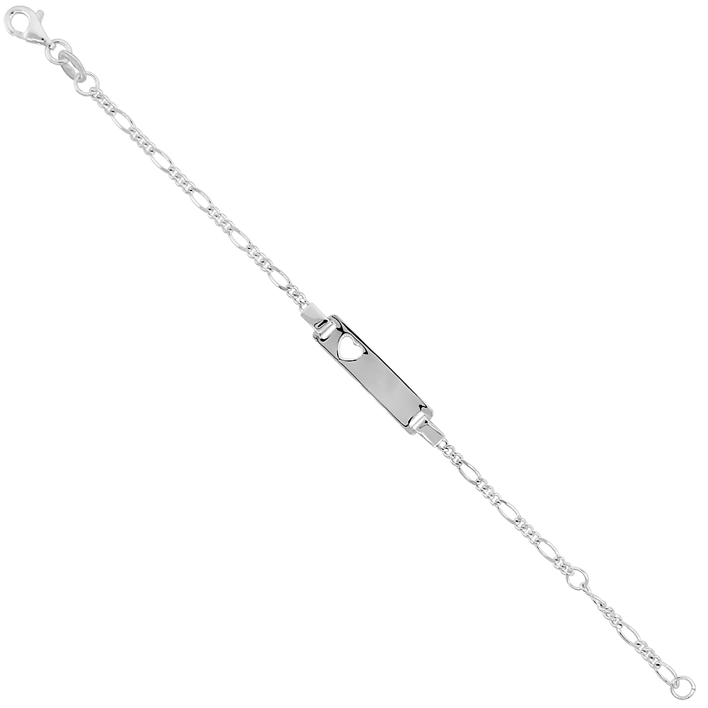 Sterling Silver Childrens Square Identification Bracelet Cut-out Heart Figaro link, fits baby sizes 5 - 6 inch long