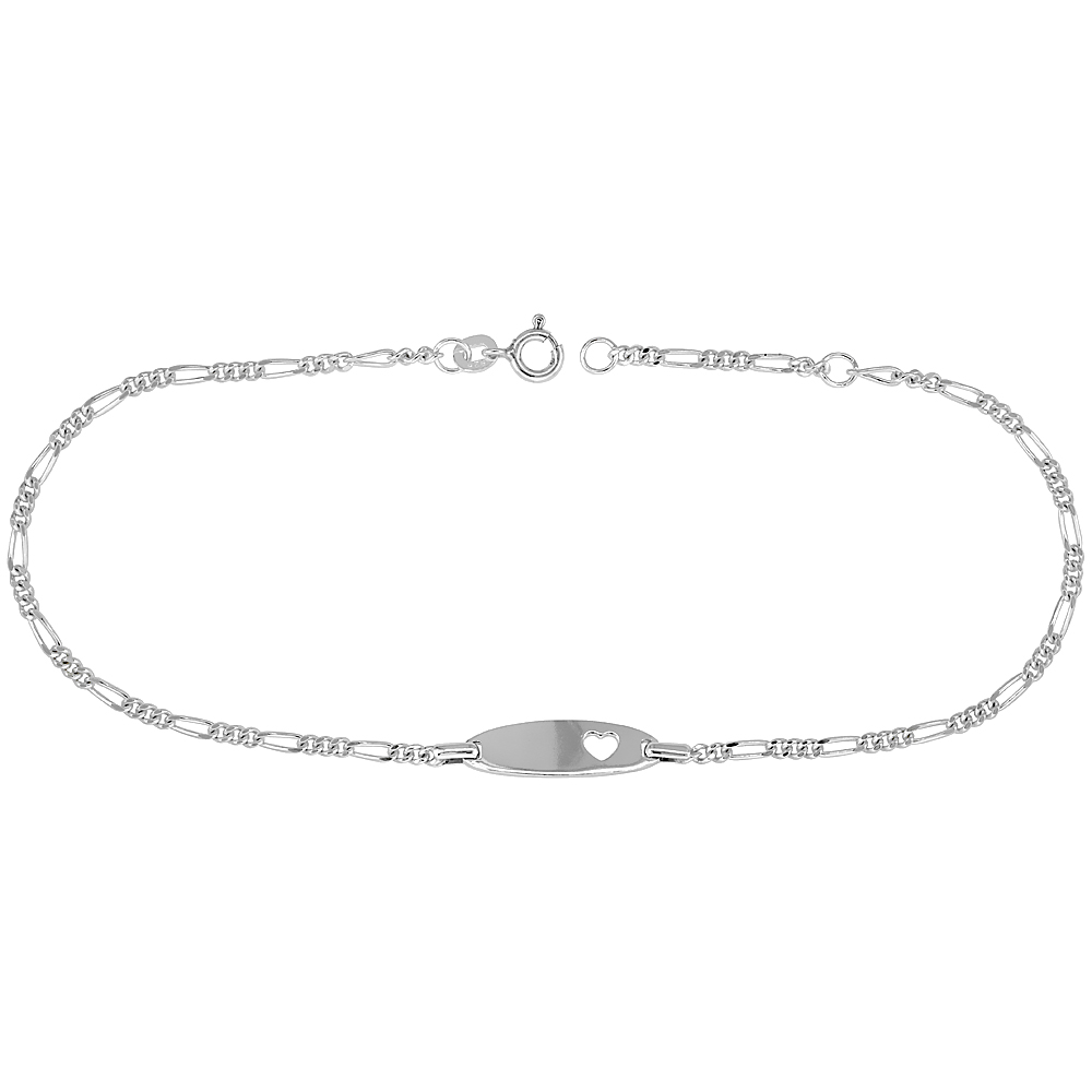 Sterling Silver Figaro Link Baby ID Anklet w/ Heart Cut-Out