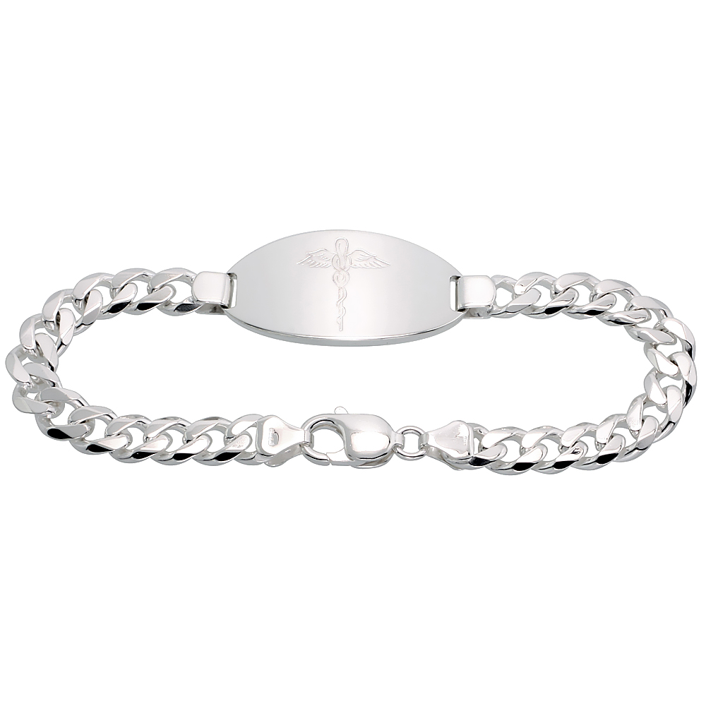 Gent's Sterling Silver Medical ID Bracelet 3/4 inch wide NICKEL FREE, sizes 8 - 9 inch