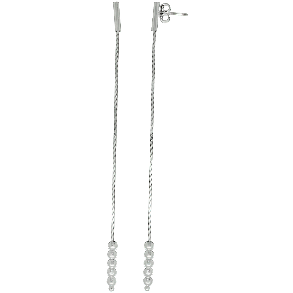 Sterling Silver Long Drop Earrings Single Strand Beads 4 inches Italy