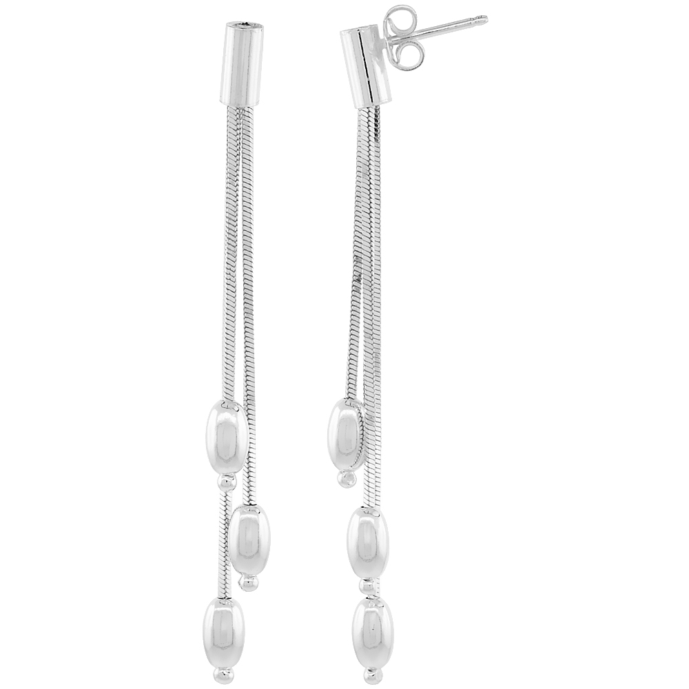 Sterling Silver Long Drop Earrings 2-Strand w/ Oval Beads 2 3/8 inches Italy