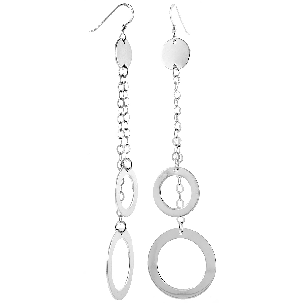 Sterling Silver Long Drop Earrings w/ Circle Cut-outs 3 3/4 inches Italy long