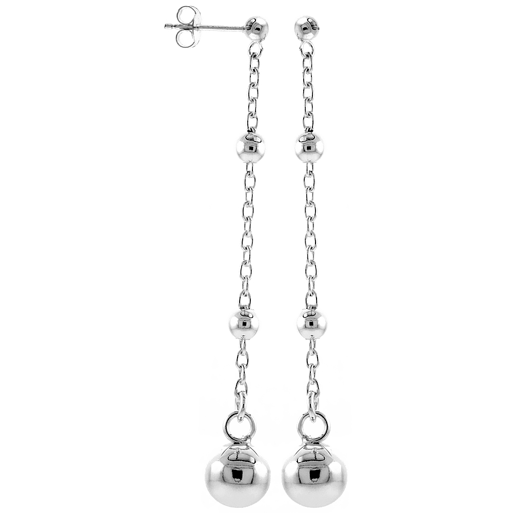 Sterling Silver Long Drop Earrings w/ Balls 3 inches Italy