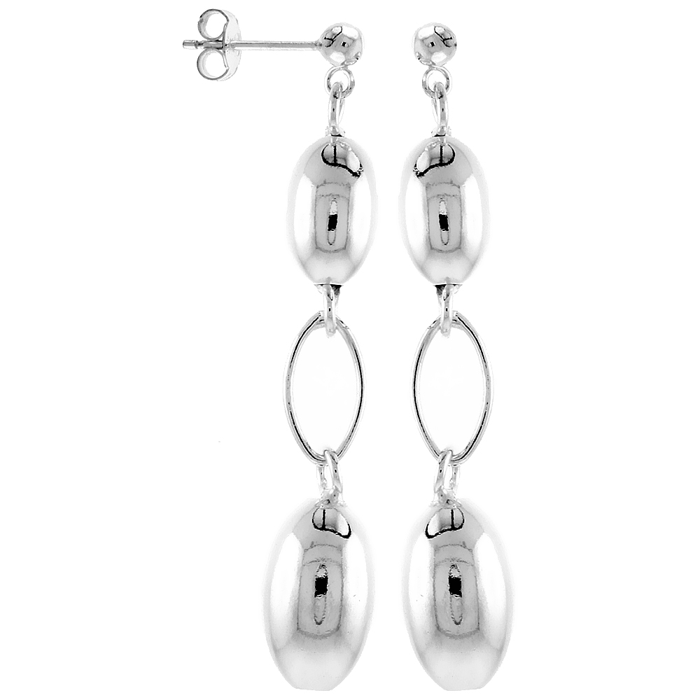 Sterling Silver Long Drop Earrings w/ Large Oval Beads 2 1/4 inches Italy