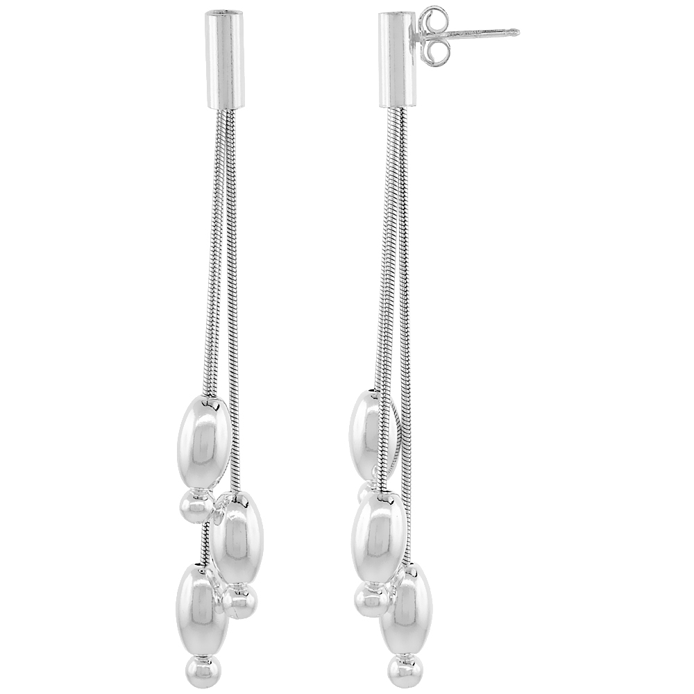 Sterling Silver Italian Elongated Earrings, Beaded Ends, Graduated 3 Strand Round Snake Chain, 72mm (2 7/8 inch) long