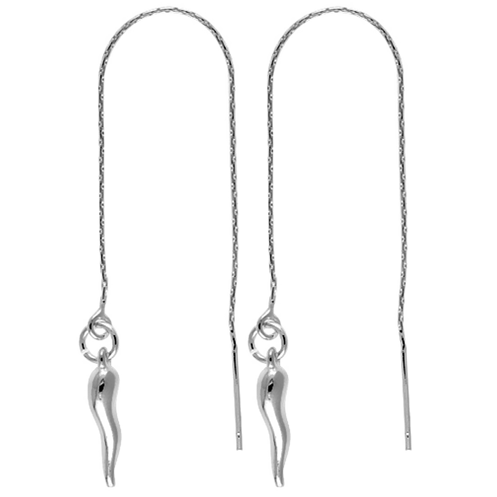 STERLING SILVER DANGLE ITALIAN HORN THREADER EARRINGS FOR WOMEN ITALY 4 1/2 INCH LONG