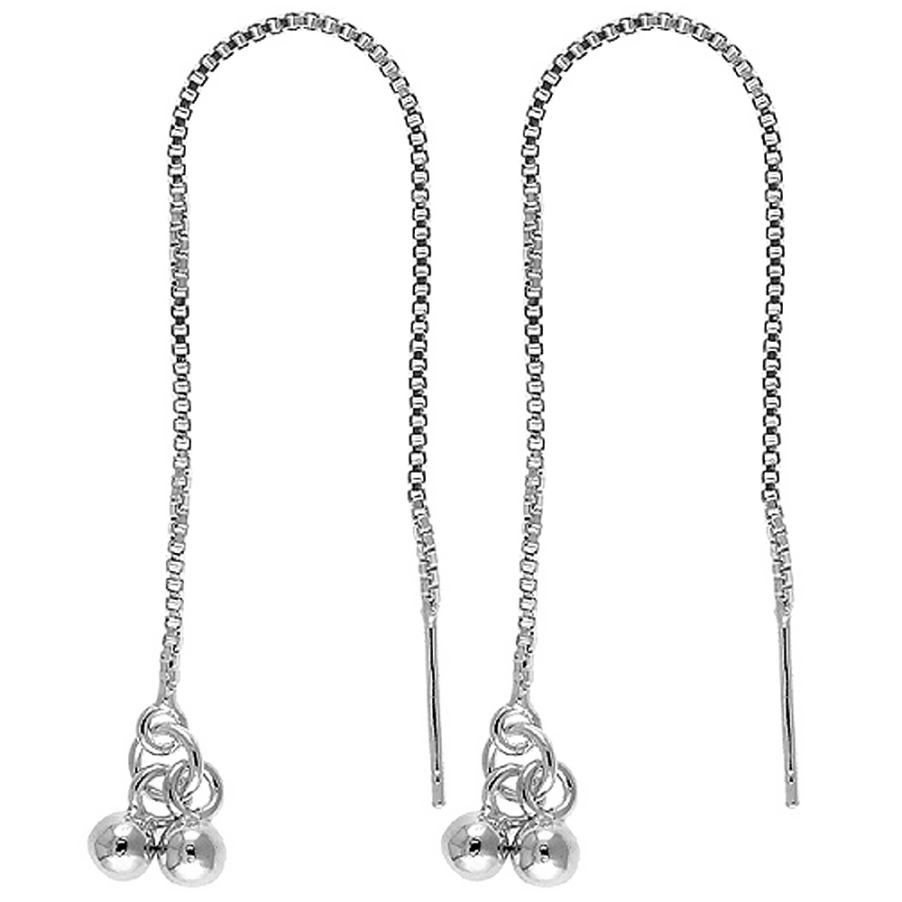 STERLING SILVER DANGLE 2 SMALL BEADS THREADER EARRINGS FOR WOMEN ITALY 4 1/2 INCH LONG