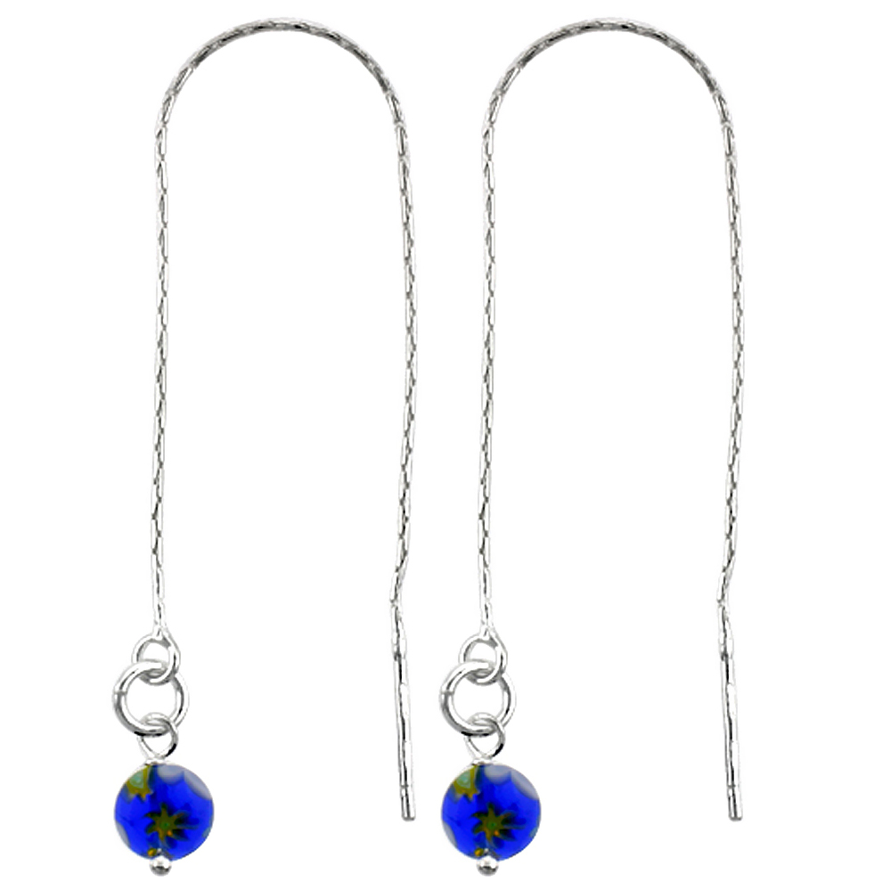 STERLING SILVER DANGLE BLUE VENETIAN GLASS BEAD THREADER EARRINGS FOR WOMEN ITALY 4 1/2 INCH LONG