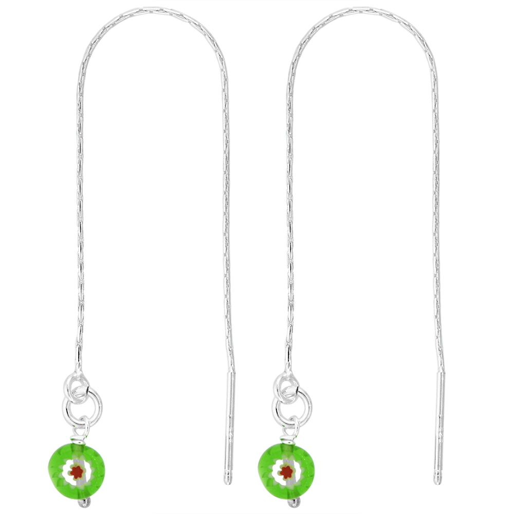 STERLING SILVER DANGLE GREEN EVIL EYE THREADER EARRINGS FOR WOMEN ITALY 4 1/2 INCH LONG