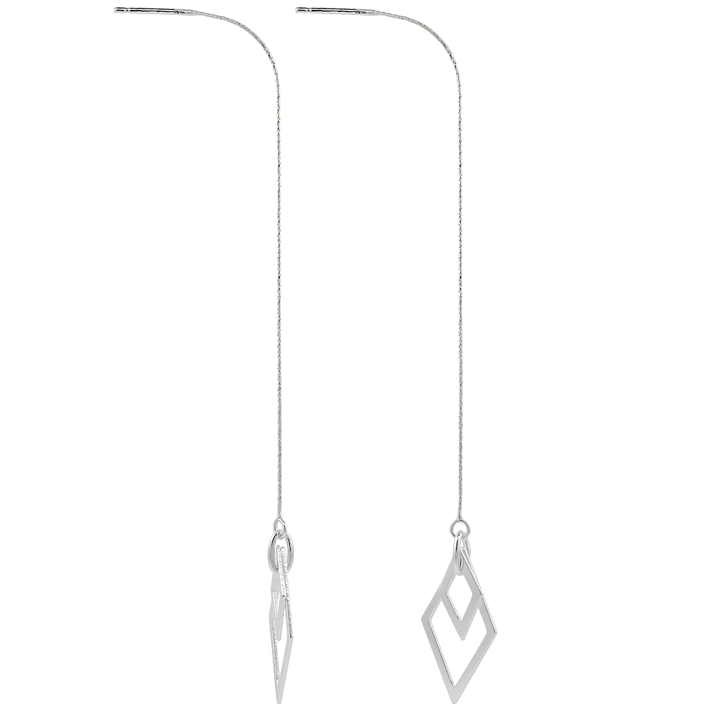 STERLING SILVER DANGLE DIAMOND SHAPE RHOMBUS THREADER EARRINGS FOR WOMEN ITALY 4 1/2 INCH LONG