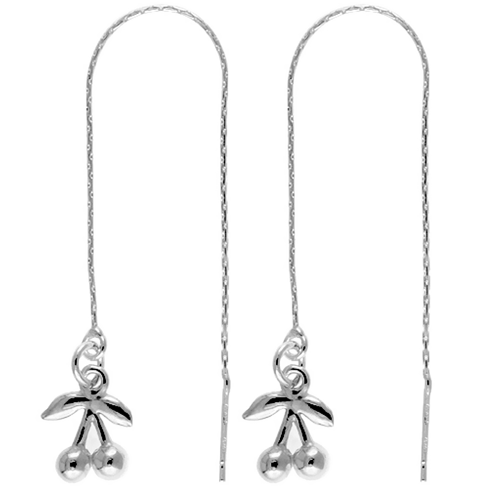 STERLING SILVER DANGLE CHERRY THREADER EARRINGS FOR WOMEN ITALY 4 1/2 INCH LONG