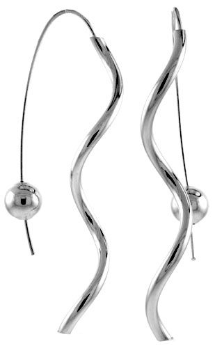 Sterling Silver Long Earrings Wavy Bead Stopper, 2 1/2 inch