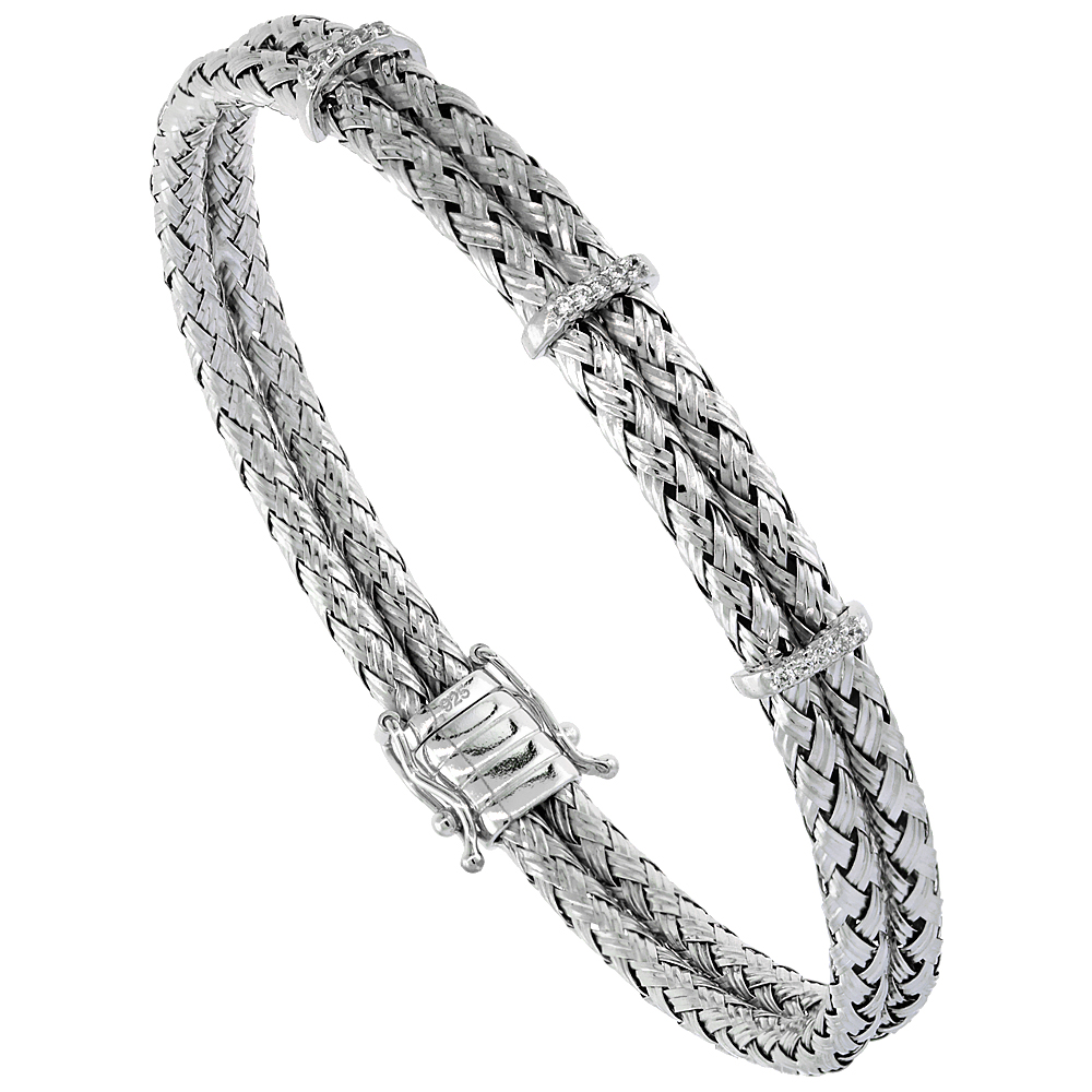 Sterling Silver Woven Bracelet Flexible Cubic Zirconia Accents, 5/16 inch wide