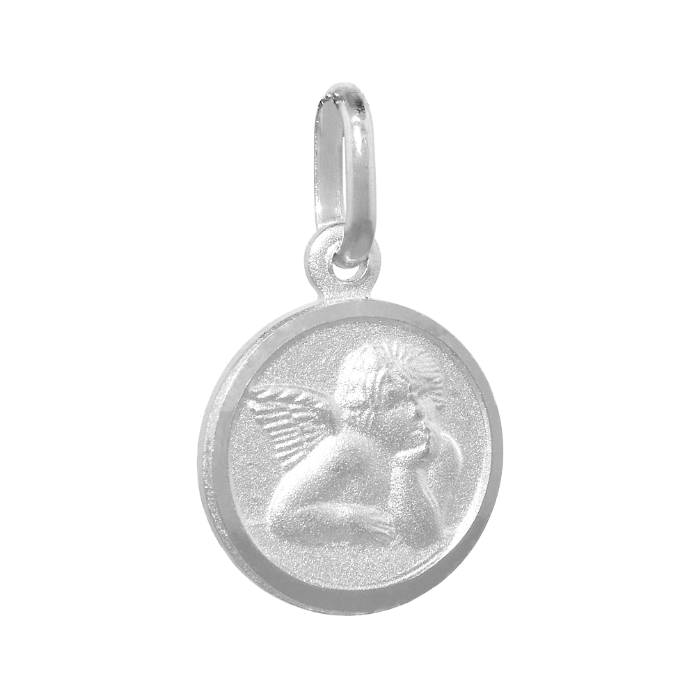12MM DAINTY STERLING SILVER GUARDIAN ANGEL MEDAL NECKLACE 1/2 INCH ROUND NICKEL FREE ITALY WITH STAINLESS STEEL CHAIN